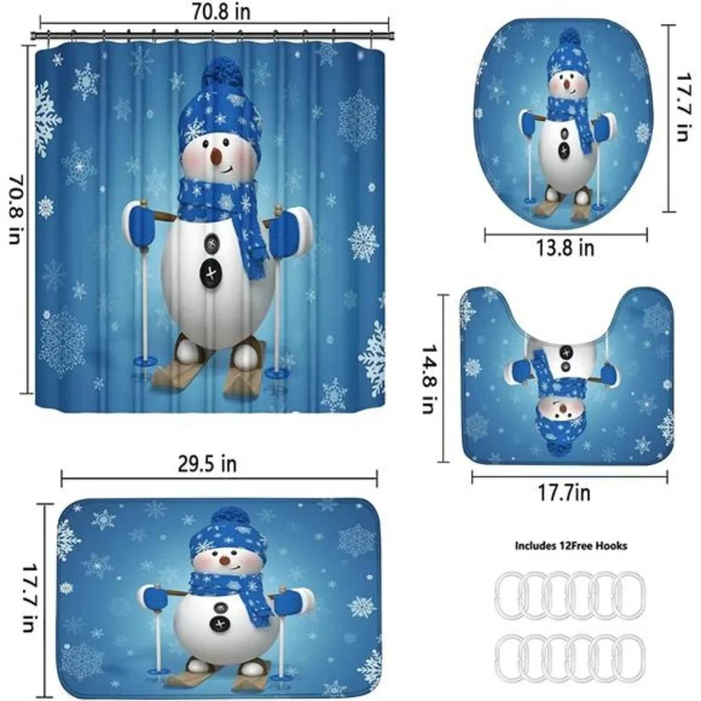 4Pcs Christmas Snowman Shower Curtain Sets Winter Snowflake w/ 12 Hooks, 70.8×7